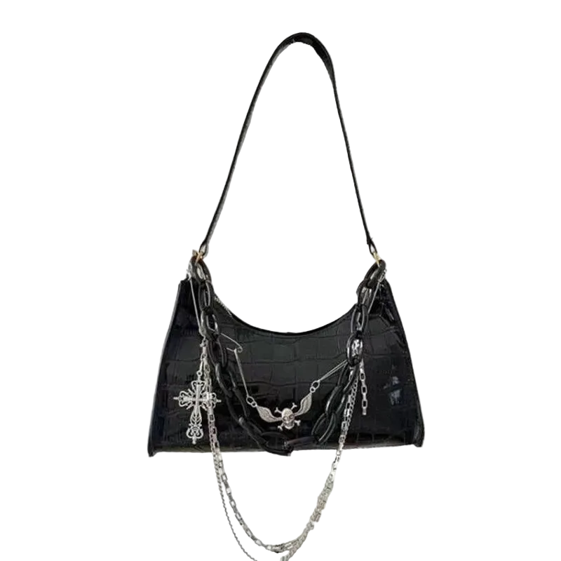 Gothic Shoulder Bag with Chain & Cross Charm